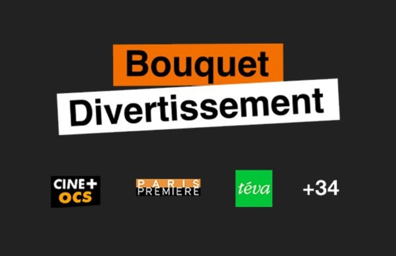 Texte Bouquet Divertissement avec logos des chaînes Cine+ OCS, Paris Premiere, Téva, et +34.